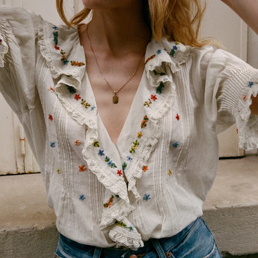 Doen Hettie Top embroidered blouse in Sea Salt XS NWOT